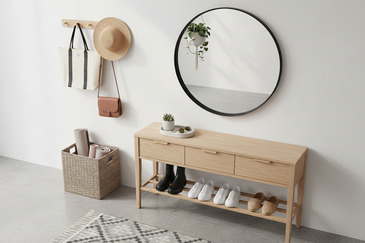 Entryway organizers with bench, hooks, and storage for clean and organized home entry space