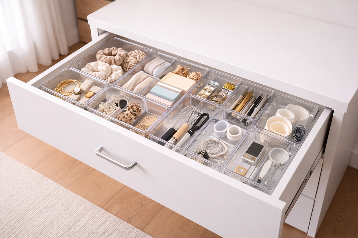 Clear drawer bins with transparent compartments for organized and visible drawer storage