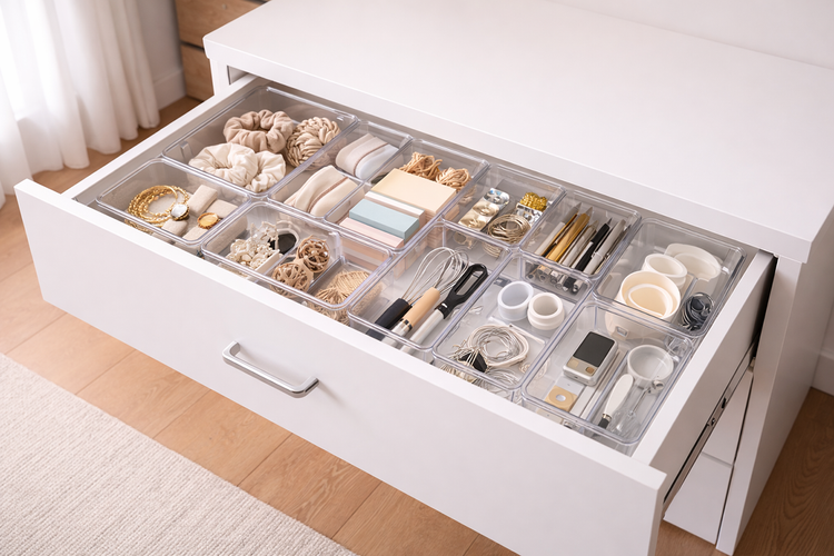 Clear drawer bins with transparent compartments for organized and visible drawer storage