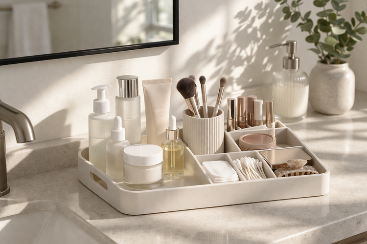 Countertop organizers with trays and holders for neat bathroom and vanity storage
