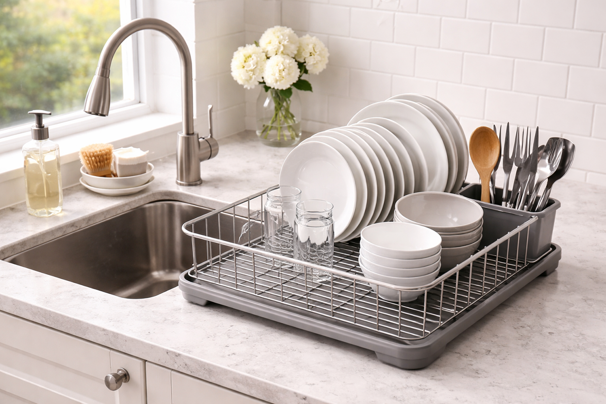 Dish and sink racks with drying plates and utensils for clean and organized kitchen sink storage