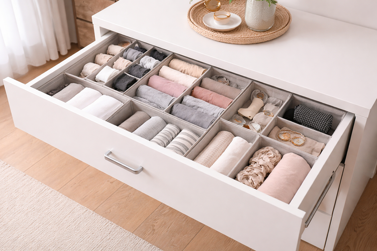 Drawer dividers with organized compartments for neat and space-saving drawer storage