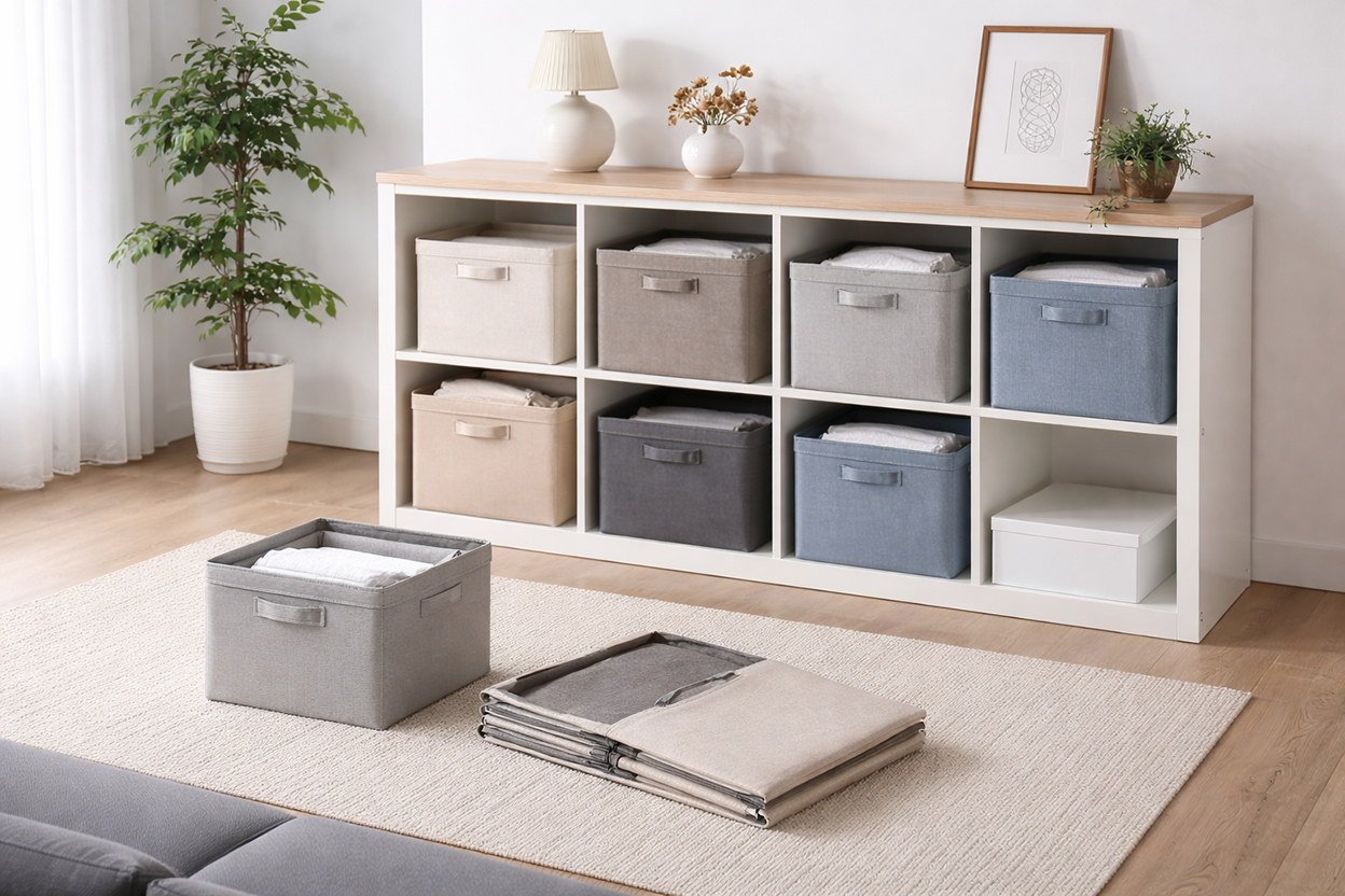 Foldable storage bins and baskets for space-saving and flexible home organization