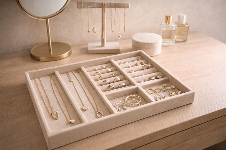 Jewelry storage with organized rings, necklaces, and earrings for neat and tangle-free accessory storage