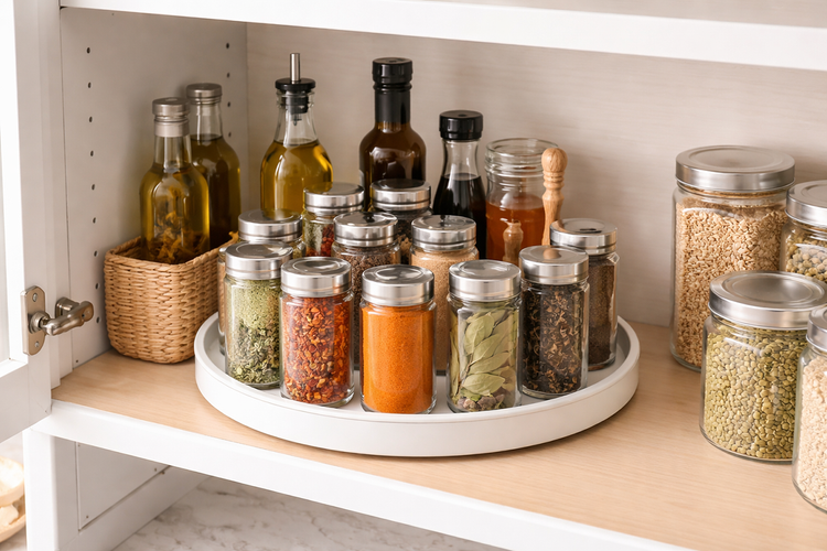 Lazy susan turntables with rotating storage for spices and kitchen essentials in organized cabinets