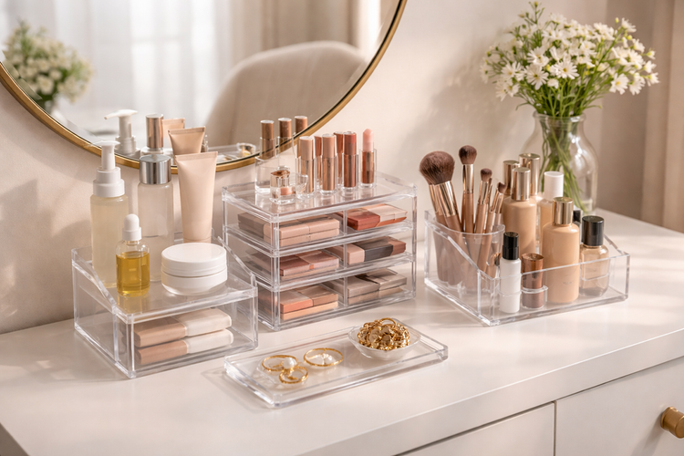 Makeup organizers with drawers and holders for neat and efficient vanity and beauty storage