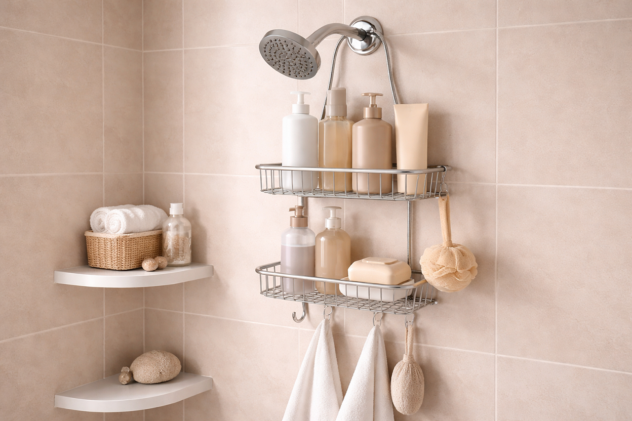 Shower caddies with organized shampoo bottles and bath essentials for clean and efficient shower storage