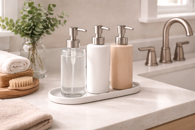 Soap dispensers with pump bottles for clean and organized bathroom and kitchen sink areas