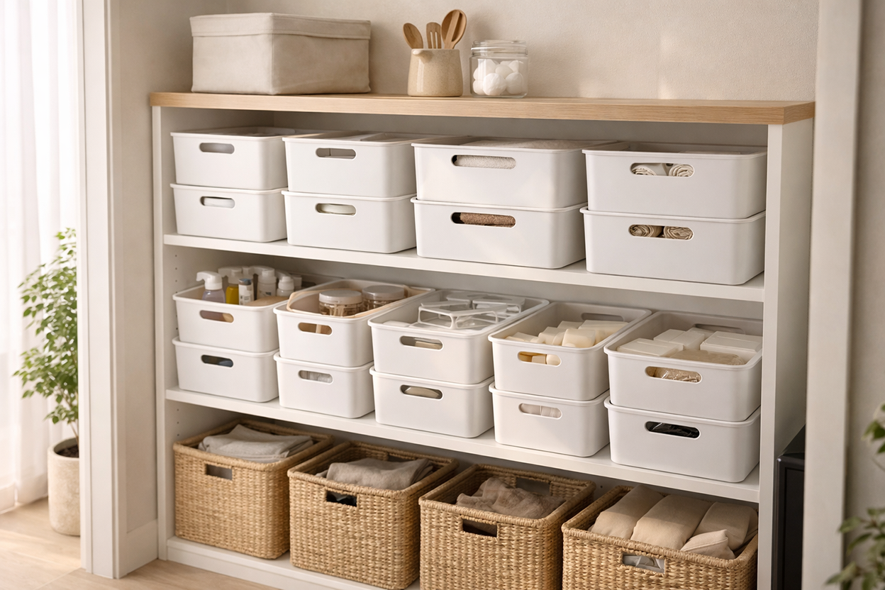 Stackable storage bins and containers for vertical space-saving and organized home storage