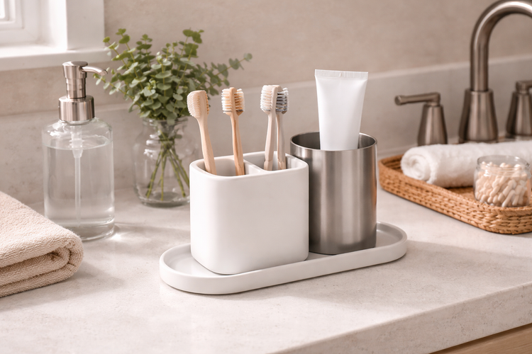Toothbrush holders with organized toothbrushes and toothpaste for clean and hygienic bathroom storage