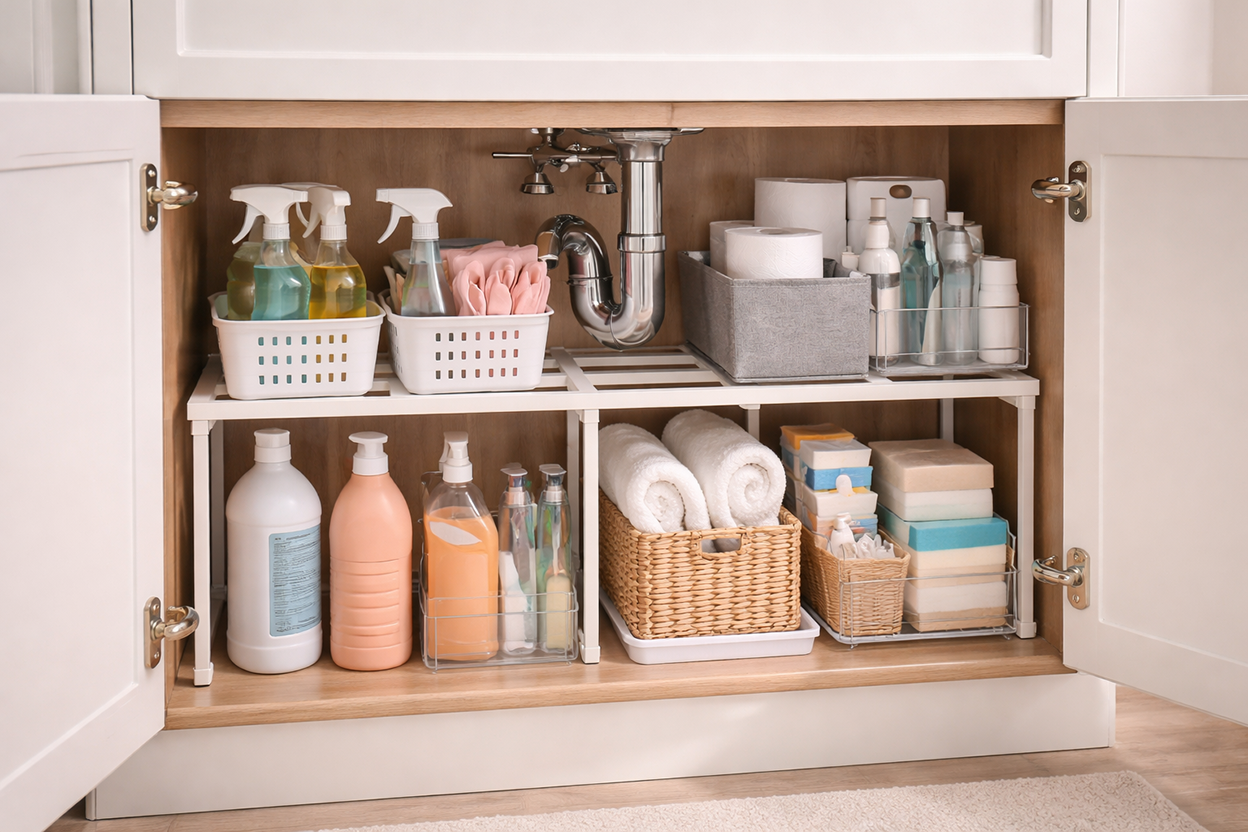 Under sink storage with shelves and bins for organized and space-saving bathroom cabinet storage