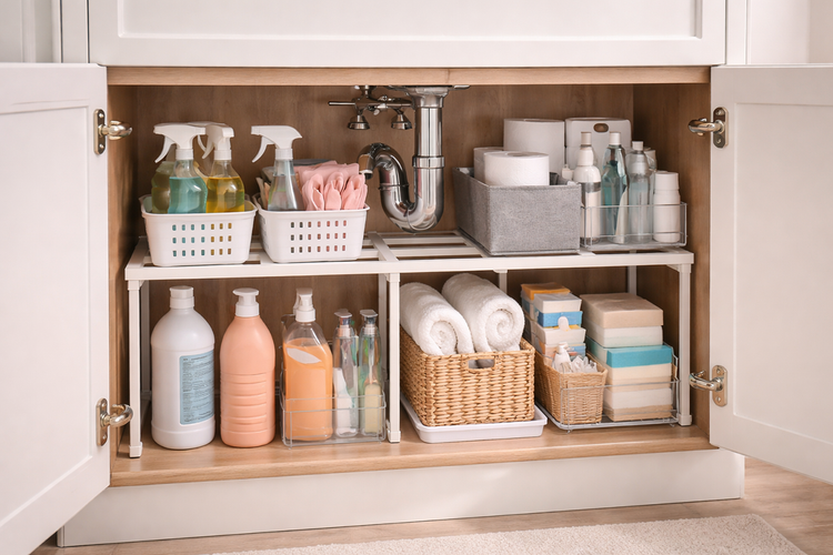 Under sink storage with shelves and bins for organized and space-saving bathroom cabinet storage
