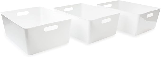 Isaac Jacobs 3-Pack XL White Storage Bin (13.9” x 10.6” x 5.75”) Set w/Cut-Out Handles, Plastic Organizer, Multi-Use, Home, Office, Pantry, Closet, Kitchen