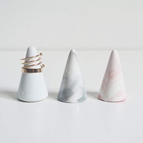 oskas Modern Marble Ring Holder Tower Ceramic Cone Shape Decorative Display Stand for Jewelry /Wedding Grey&Grey 2pcs set