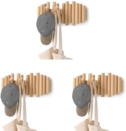 Umbra Picket Wall-Mounted Coat Rack Rail Hook with 5 Retractable Wood Pegs – Modern, Space-Saving Storage Organizer, Natural (Pack of 3)
