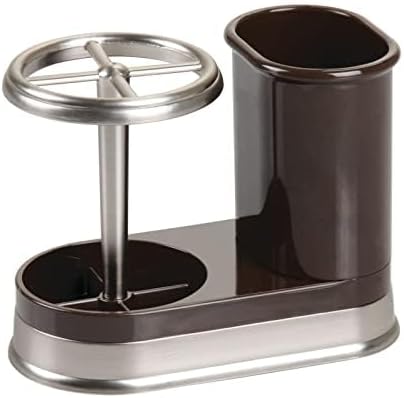 mDesign Decorative Bathroom Dental Storage Organizer Holder Stand for Electric Spin Toothbrush/Toothpaste - Compact Design for Countertop and Vanity, Holds 4 Standard Brushes - Dark Brown/Brushed
