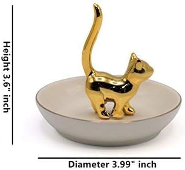 ROSA&ROSE Cat Ring Holder Jewelry Dish, Ceramic Trinket Tray with Gold Cat Ring Stand, Decorative Jewelry Organizer Plate for Rings Earrings Necklace, Vanity Tabletop Jewelry Storage