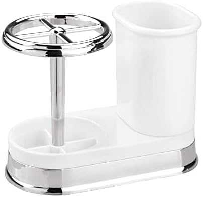 mDesign Decorative Bathroom Dental Storage Organizer Holder Stand for Electric Spin Toothbrush/Toothpaste - Compact Design for Countertop and Vanity, Holds 4 Standard Brushes - White/Chrome
