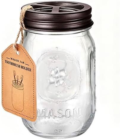 Mason Jar Toothbrush Holder – Bronze – with Genuine Glass 16 Ounce Mason Jar for Regular Mouth Mason Jar ， Premium Rust-Proof 304 Stainless Steel - Rustic Farmhouse Decor Bathroom Accessories