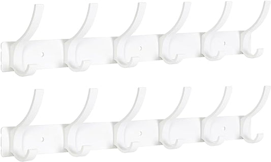 Coat Rack Wall Mount, Coat Hook Wall Mount, Wall Hooks for Hanging, Hat Rack for Walls, Coats Hanger with 12 Hook, Towel Hooks for Bathrooms (2 Pack, White)