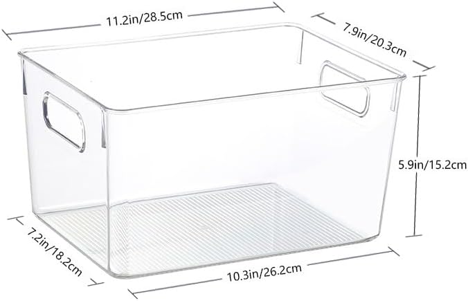 Clear Plastic Storage Bins, 4 Pack Pantry Organizer Bins with Handle for Kitchen, Office, Closet, Cabinet, Laundry Room, Freezer, Bathroom & Home Organization