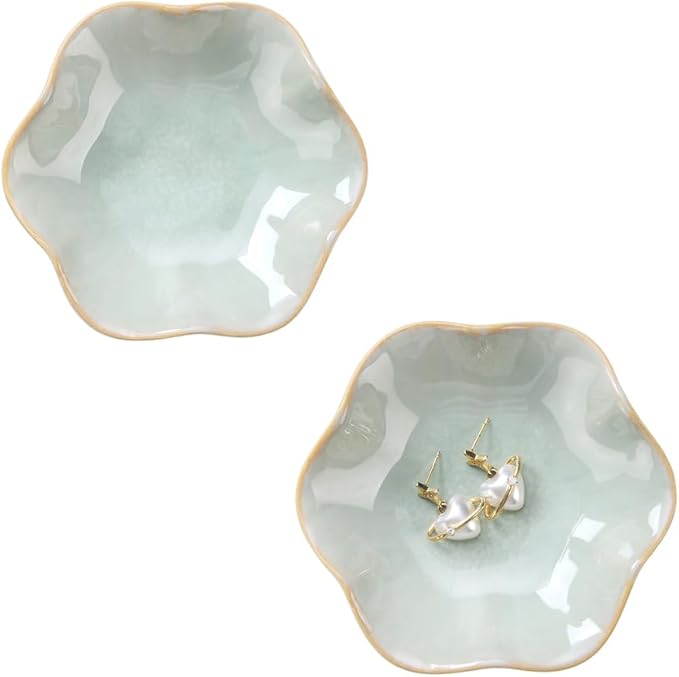 2PCS Lotus Leaf Shape Ring Holder Dish, Small Key Bowl, Ceramic Trinket Tray Jewelry Dish Organizing Necklace Earrings for Mom Friend Sister, All Jewelries Are NOT Included, Light Green.â¦
