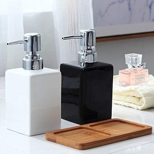 Black Ceramic Soap Dispenser and Toothbrush Holder,3-Piece Bathroom Accessories Set Modern Square Countertop Bath Set,Liquid Soap Dispenser,Tumbler Cup,Wooden Vanity Tray