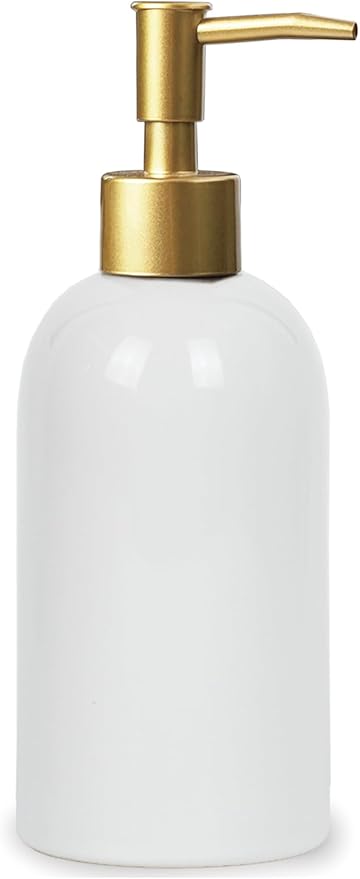 Ceramic Soap Dispenser White with Gold Pump,Simple Design Cylindrical Lotion Dispenser Bottle,Refillable Liquid Hand Soap Dispenser for Kitchen,Bathroom,Washroom