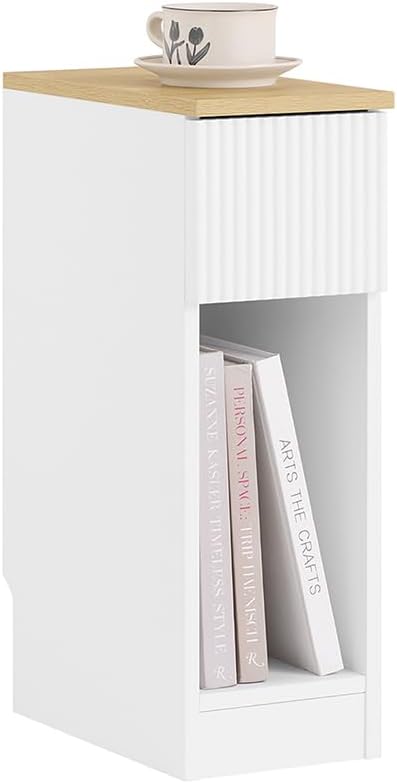 SoBuy Narrow Nightstand Slim Bedside Table with Drawer and Open Shelf, Skinny Modern Nightstand for Bedroom Living Room Dorm, Compact Side Table for Tight Corners and Small Spaces, White FBT111-W