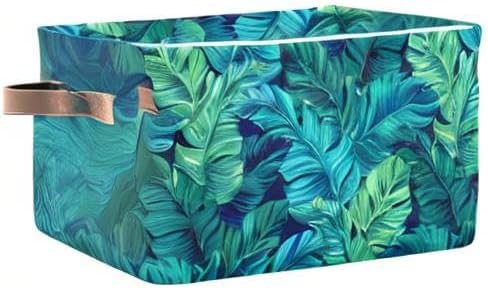 Bolaz Large Storage Basket Turquoise Tropical Leaves Green Foldable Storage Box Organizer Bins with Handles for Bedroom Home Office