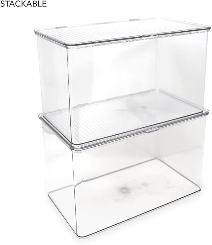 Isaac Jacobs Large Stackable Organizer Bin (10.75” x 6.5” x 6.1”) w Hinged Lid Clear Storage Box Home Office School Fridge Bathroom Kitchen Pantry Container BPAFree Food Safe (Large Clear) (Pack of 2)