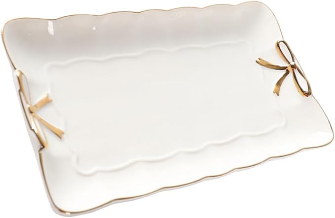 Ceramic Jewelry Tray with Bow Accent 7.87X4.72 Inch Rectangular Jewelry Dish Organizer for Home Countertop Storage and Cosmetics Accessories