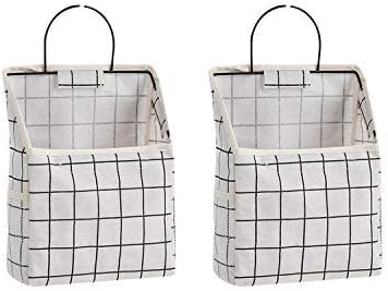 QULSE 2 Pcs Wall-Hanging Storage Bags,Desktop Organizer Basket Cotton Linen Hanging Storage Basket for Kitchen,Bderoom,Living Room (Grid)