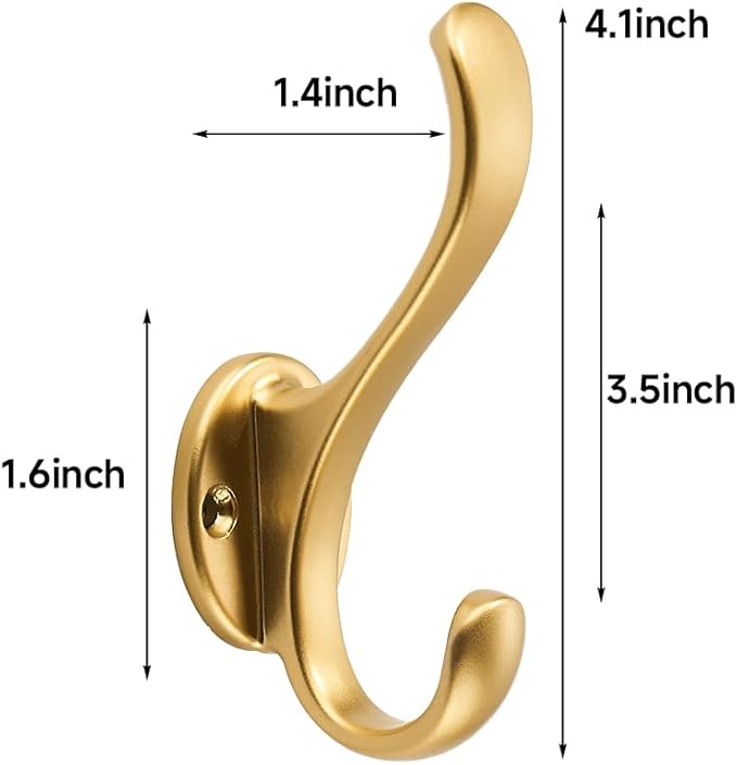 khtumeware 6 Pack Brushed Gold Coat Hooks Wall Mount Heavy Duty Utility Retro Double Hooks for Hanging Coats,Hat, Towel, Key, Robe, Scarf, Bag, Cap (Brushed Gold)