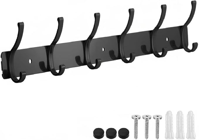 Coat Rack Wall Mount, 1 Pack Coat Hooks Hanger Wall Double Hook Rack Rail Towel Hat Rack Entryway Bathroom Hanger Organizer for Robes, Clothes, Bags, Hat(Black)