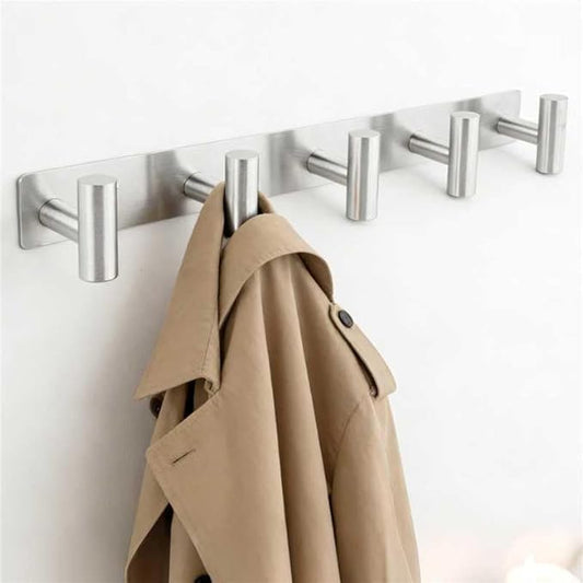 Silver Coat Hooks, Silver Wall Mounted Coat Rack – 5 T-Shaped Towel Rack for Hats, Bags & Towels, Heavy-Duty Metal Rail for Entryway, Bathroom, Closet, Bedroom