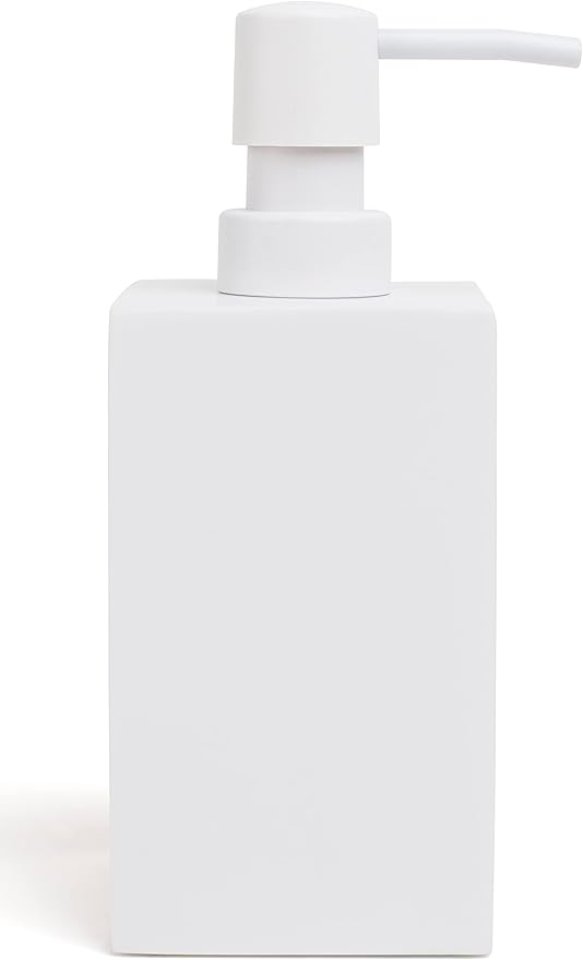 Matte White Square Soap Dispenser for Kitchen & Bathroom – 15 oz Refillable Resin Pump Bottle for Dish Soap, Hand Soap, Shampoo, Conditioner – Modern Countertop Dispenser with Non-Slip Protective Pads