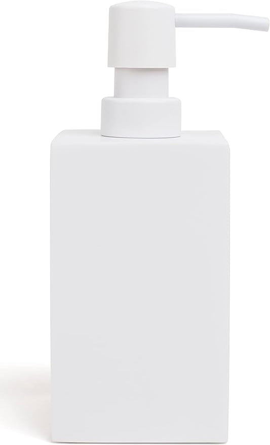 Matte White Square Soap Dispenser for Kitchen & Bathroom – 15 oz Refillable Resin Pump Bottle for Dish Soap, Hand Soap, Shampoo, Conditioner – Modern Countertop Dispenser with Non-Slip Protective Pads