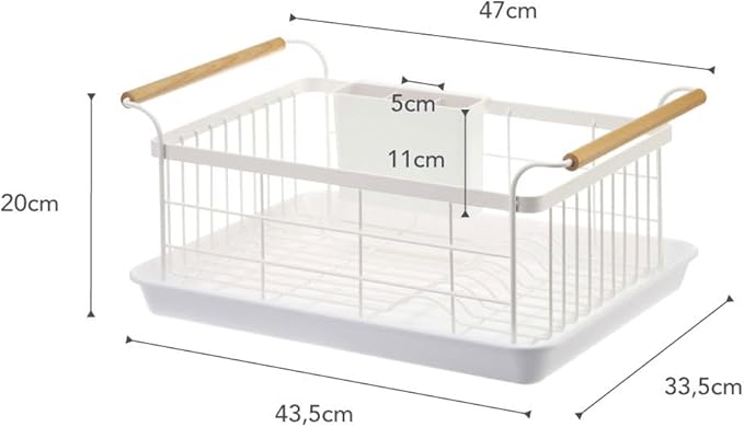 YAMAZAKI Home Dish Drying Rack – Modern White Dish Rack for Kitchen Counter with Removable Drainer Tray and Cutlery Holder, Steel + Wood Dish Drying Organizer - Steel + Wood -