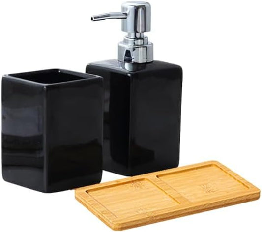 Black Ceramic Soap Dispenser and Toothbrush Holder,3-Piece Bathroom Accessories Set Modern Square Countertop Bath Set,Liquid Soap Dispenser,Tumbler Cup,Wooden Vanity Tray