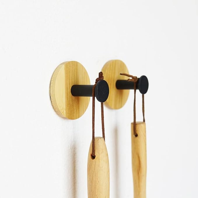 4Pack Decoration Wood Wall Hook Coat Hooks for Hanging Adhesive Waterproof Wall Hook Clothes Bag Key Hanger Hook Bedroom Kitchen Bathroom Door Robe Towel Hooks- Black