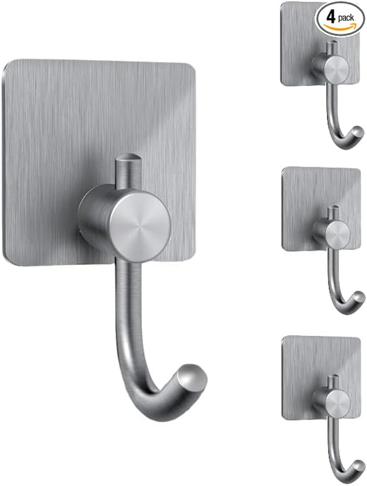 Adhesive Towel Hooks for Bathroom 4 Pack, Silver Self Adhesive Hand Towel Holder for Hanging Towels, Lightweight Clothing, Perfect for Bathroom, Closet, Cabinet, and Behind Doors