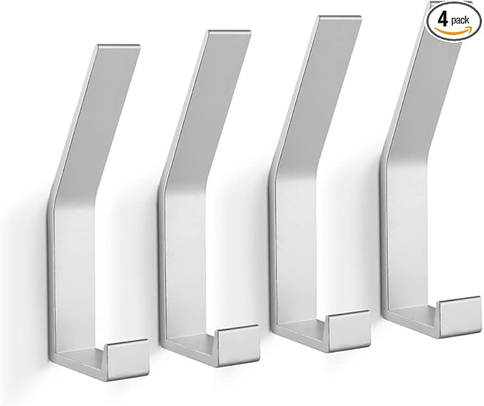 Coat Hooks Wall Mounted, 4 Packs Wall Hooks for Hanging Clothes, Coat, Towel, Rope, Keys, Hats, Purse, Wall Hangers for Kitchen, Bathroom, Door, Cabinet, Hallways, Bedrooms (Silver, 4 Packs)