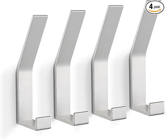 Coat Hooks Wall Mounted, 4 Packs Wall Hooks for Hanging Clothes, Coat, Towel, Rope, Keys, Hats, Purse, Wall Hangers for Kitchen, Bathroom, Door, Cabinet, Hallways, Bedrooms (Silver, 4 Packs)
