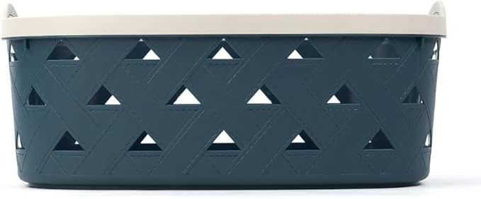 Extra-Large Plastic Storage Basket with Handles – Blue & Cream Decorative Bin for Bathroom, Living Room, or Laundry – Designer Leather Pattern Organizer Basket, 16.7L