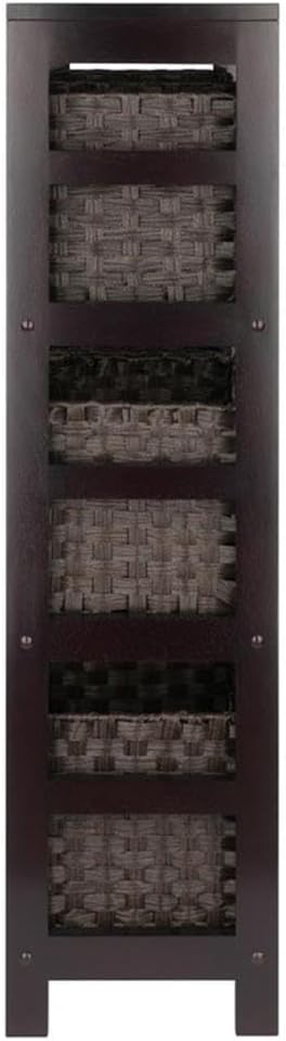 Winsome Leo 3-Tier Wide Storage Shelf with 6 Foldable Woven Baskets, for Living Room, Home Office, Bedroom, Espresso