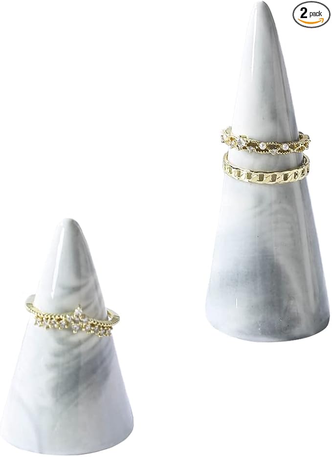 oskas Marble Ring Holder Tower Ceramic Cone Shape Modern Decorative Display Stand for Jewelry Ring/Wedding Ring 2PCS SET Grey