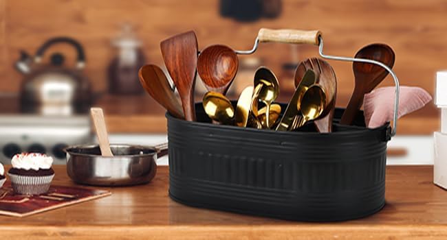 Alpha Living Home Large Silverware Drawer Organizer, Utensil Holder, Silverware Organizer, Caddy, Cutlery Holder, Wooden Handle 4-Section Galvanized Flatware Organizer for Kitchen, BBQ Black