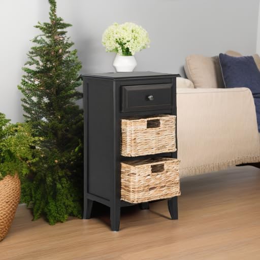 SAFAVIEH Home Collection â Everly Distressed Black 3-Drawer Side Table with Woven Basket Storage, Fully Assembled Farmhouse Accent Table (AMH5743A)