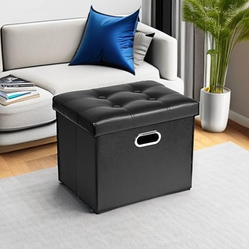 COSYLAND Ottoman with Storage Folding Leather Ottoman Footrest Foot Stool Black Ottoman for Room Small Rectangle Collapsible Bench Furniture with Handles Lid Toy Chest 17x13x13in